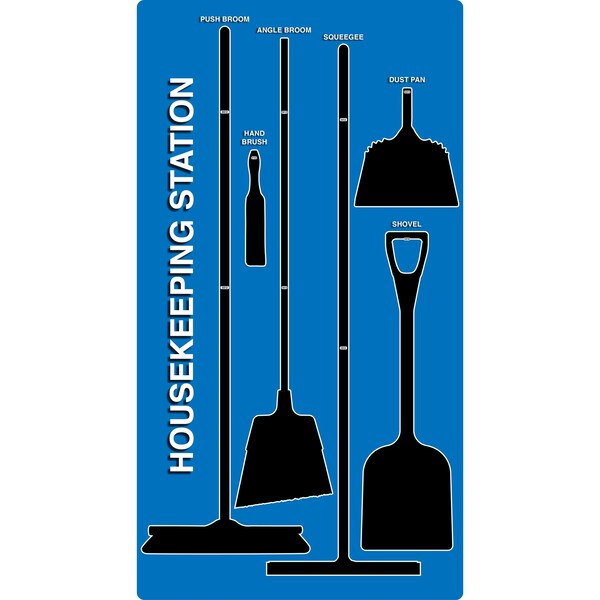 5S Supplies 5S Housekeeping Shadow Board Broom Station Version 8 - Blue Board / Black Shadows With Broom HSB-V8-BLUE-KIT - main